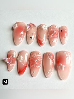 Peach Blossom Press-On Nails — Elegant Pink Ombre with 3D Floral Accents